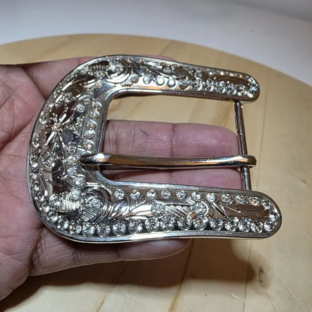 Western-style Silver Tone rhinestone belt buckle Scroll Pattern Cowboy Cowgirl